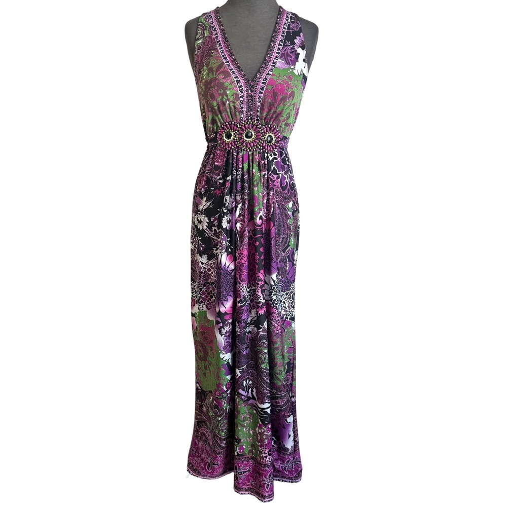 Y2K ICE Purple Green Paisley Floral Beaded Empire Waist Maxi Dress Womens Size 4